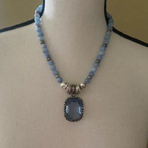 Blue Glass Beaded Necklace w/Large Blue Pendant - Costume Jewlery